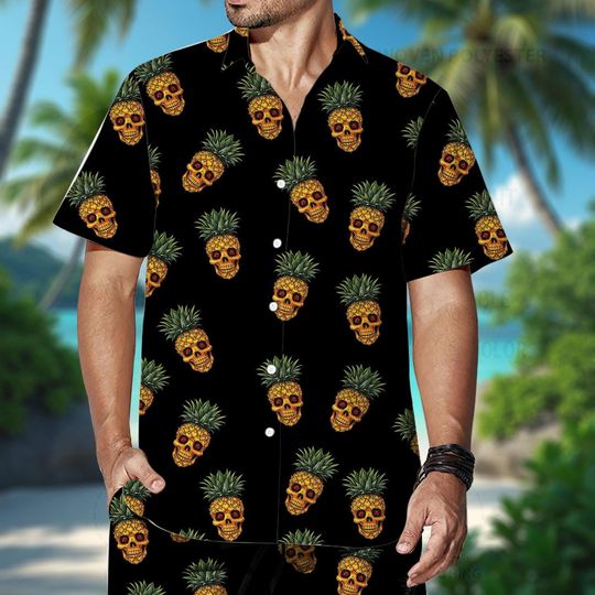 Pineapple Skull Shirt, Permanent Vacation Shirt, Cool Tiki Button Down Shirt, Hilarious Summer Gift