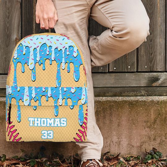 Custom Name Back to School Backpack, Gift for Kid Back to School, Ice Cream Drip Baseball Style Backpack