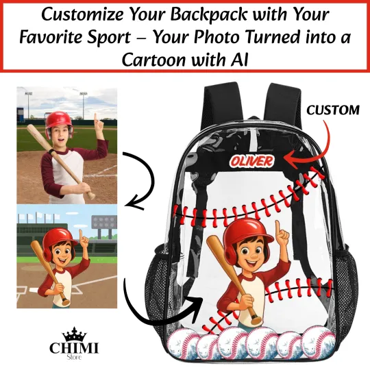 AI Cartoon Sport Backpack – Custom with Your Photo - Clear Backpack