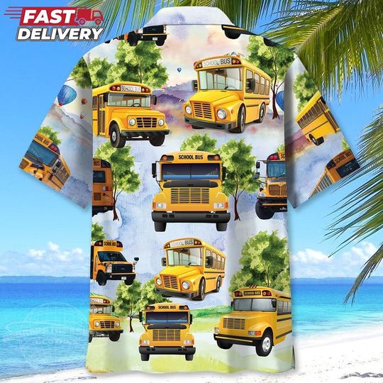 School Bus Hawaiian Shirt for Men  Fun Bus Driver Shirt Gift, Tropical Floral Print for Male Drivers, Casual Uniform for Summer Days