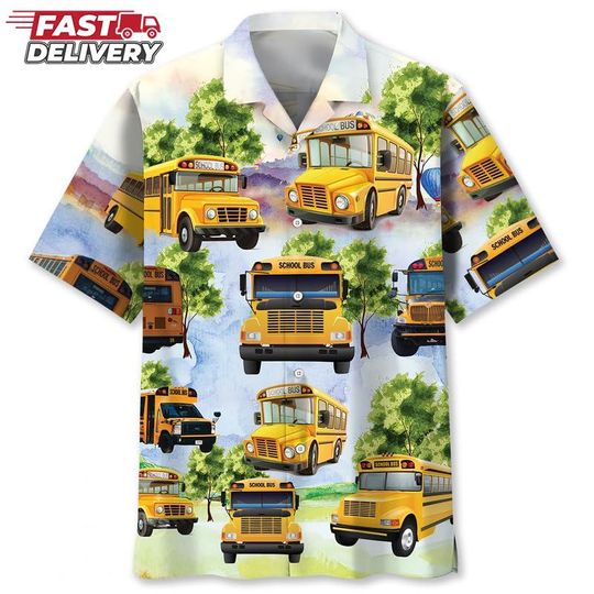 School Bus Hawaiian Shirt for Men  Fun Bus Driver Shirt Gift, Tropical Floral Print for Male Drivers, Casual Uniform for Summer Days