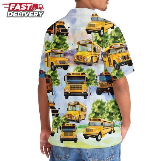 School Bus Hawaiian Shirt for Men  Fun Bus Driver Shirt Gift, Tropical Floral Print for Male Drivers, Casual Uniform for Summer Days