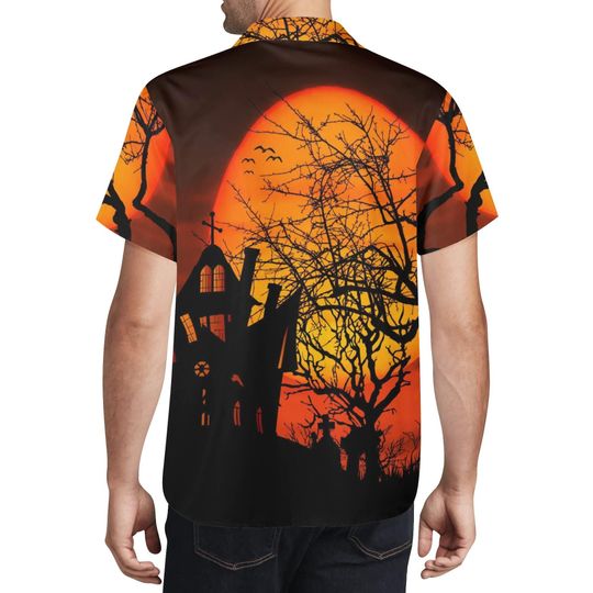 Men's All Over Print Orange and Black Haunted House