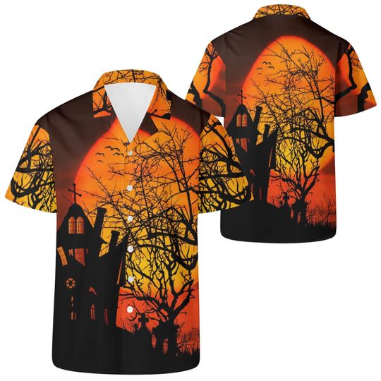Men's All Over Print Orange and Black Haunted House