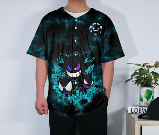 Gengar Baseball Jersey Anime Ghost Button-Up Spooky Gift Purple Shadow