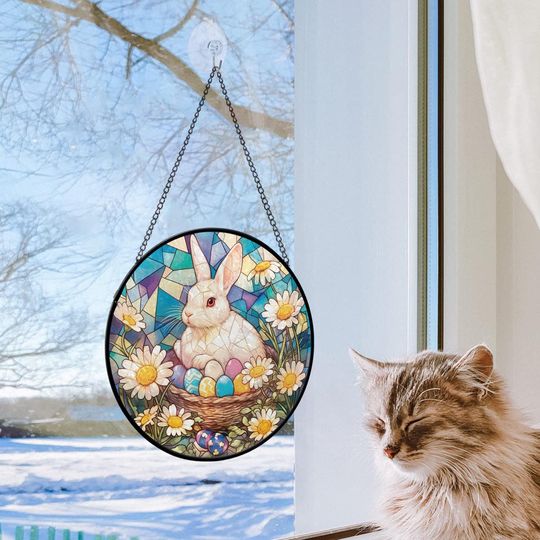 Easter Bunny Eggs Suncatcher, Stained Glass Easter Decor