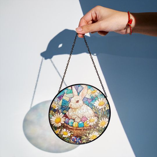 Easter Bunny Eggs Suncatcher, Stained Glass Easter Decor
