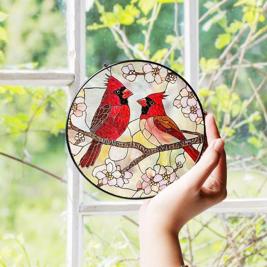 Red Cardinal Stained Glass Suncatcher, Cardinal Bird Lover Gift