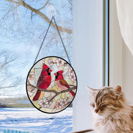 Red Cardinal Stained Glass Suncatcher, Cardinal Bird Lover Gift