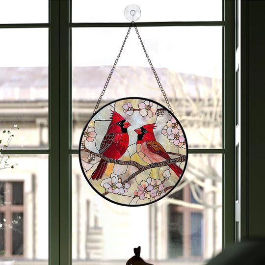 Red Cardinal Stained Glass Suncatcher, Cardinal Bird Lover Gift