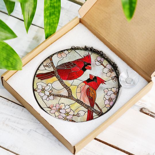 Red Cardinal Stained Glass Suncatcher, Cardinal Bird Lover Gift