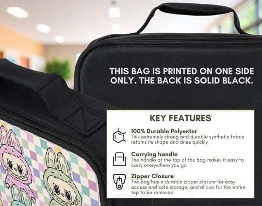 Checkered Labubu Themed Lunch Bag with Handle, Labubu Lunch Bag, Labubu Gift