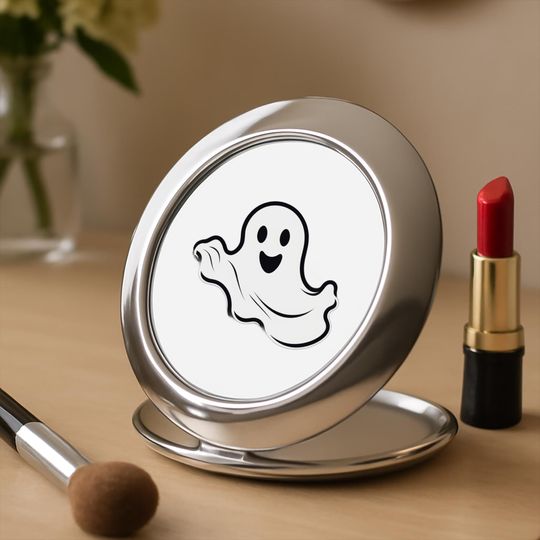 Spooky Smiles Compact Mirror | Cute Ghost Design | Halloween Makeup Essential | Whimsical Portable Accessory | Friendly Ghost Gift Idea