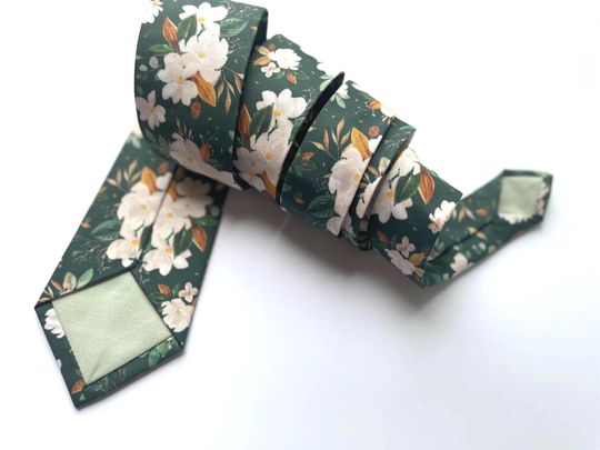 Emerald green floral neck tie, floral green wedding long tie for men and boys