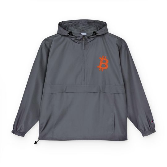 Bitcoin Champion Packable Anorak Jacket, Lightweight Rain Jacket, Bitcoin Themed Windbreaker, BTC Cryptocurrency Jacket, Bitcoin Merch