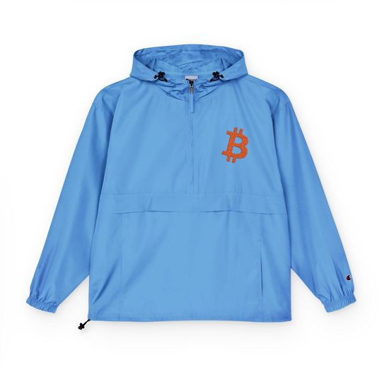 Bitcoin Champion Packable Anorak Jacket, Lightweight Rain Jacket, Bitcoin Themed Windbreaker, BTC Cryptocurrency Jacket, Bitcoin Merch