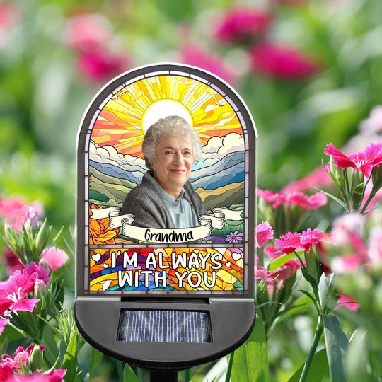Personalized Photo Stained Glass Memorial Solar Garden Light, In Loving Memory, Memorial Gift For Loss Of Father/ Mother/ Grandma/ Grandpa