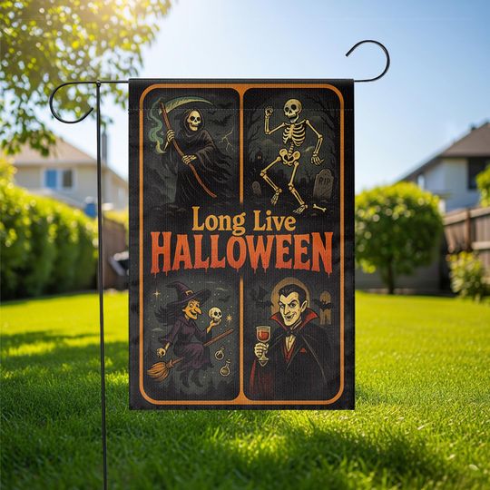 Long Live Halloween Garden Flag  Grim Reaper Skeleton Witch Vampire Retro Yard Decor