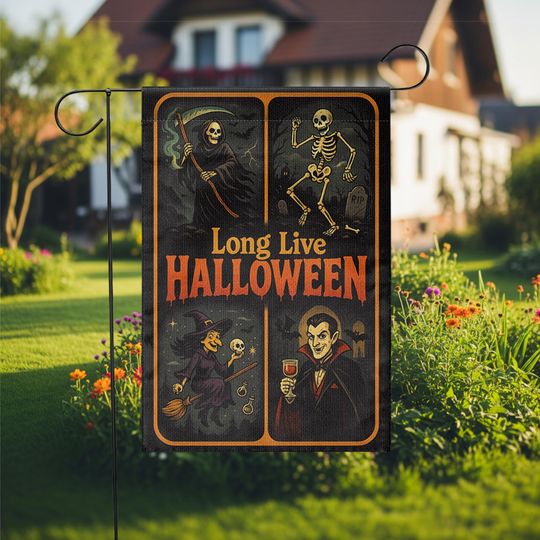 Long Live Halloween Garden Flag  Grim Reaper Skeleton Witch Vampire Retro Yard Decor