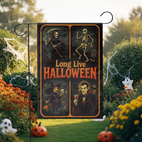 Long Live Halloween Garden Flag  Grim Reaper Skeleton Witch Vampire Retro Yard Decor