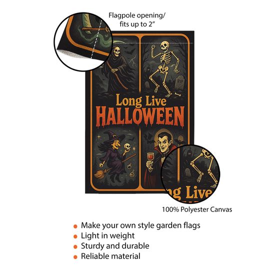 Long Live Halloween Garden Flag  Grim Reaper Skeleton Witch Vampire Retro Yard Decor