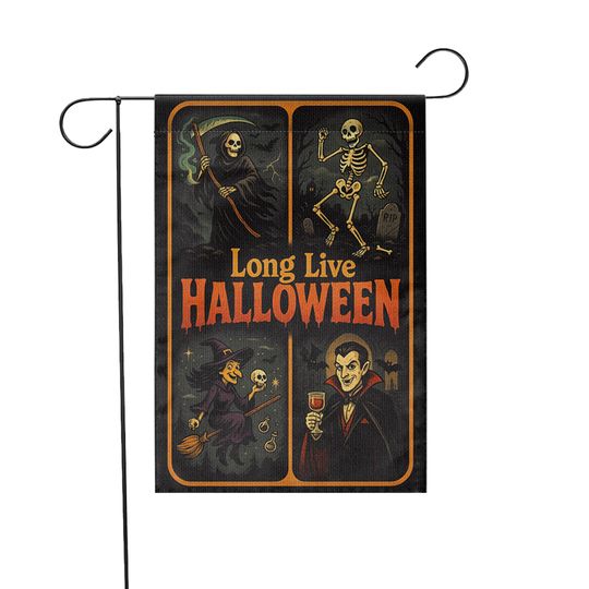 Long Live Halloween Garden Flag  Grim Reaper Skeleton Witch Vampire Retro Yard Decor