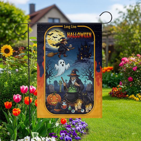 Long Live Halloween Garden Flag  Witch Cauldron Ghost Cat Spooky Graveyard Yard Decor