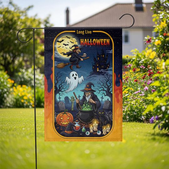 Long Live Halloween Garden Flag  Witch Cauldron Ghost Cat Spooky Graveyard Yard Decor