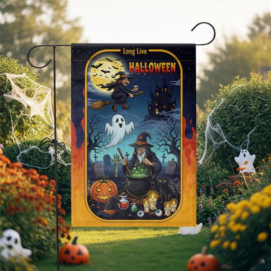 Long Live Halloween Garden Flag  Witch Cauldron Ghost Cat Spooky Graveyard Yard Decor