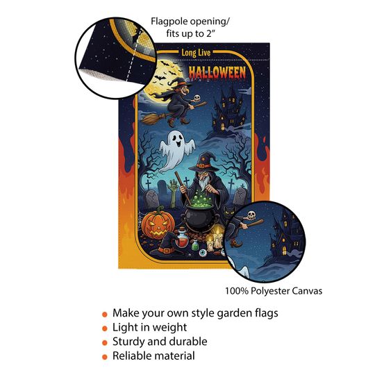 Long Live Halloween Garden Flag  Witch Cauldron Ghost Cat Spooky Graveyard Yard Decor
