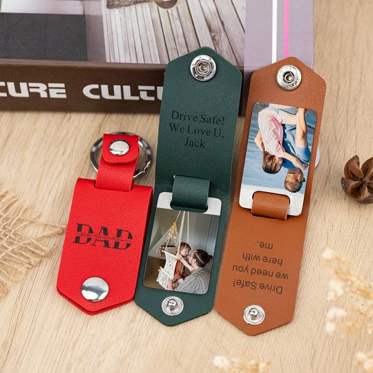 Personalized Photos and Text Keychain, Custom Leather Keyring for Him, Anniversary Gift