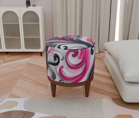 Purple & Pink Swirl Pattern Round Pouf - Elegant, Soft-Touch Accent Stool