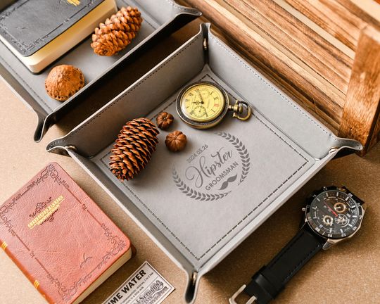 Personalized leather trays, custom engraved leather storage trays, groomsmen gift trays