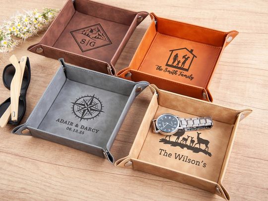 Initial Engraved Valet Tray Gift for Dad, Personalized Leather Catchall for Men