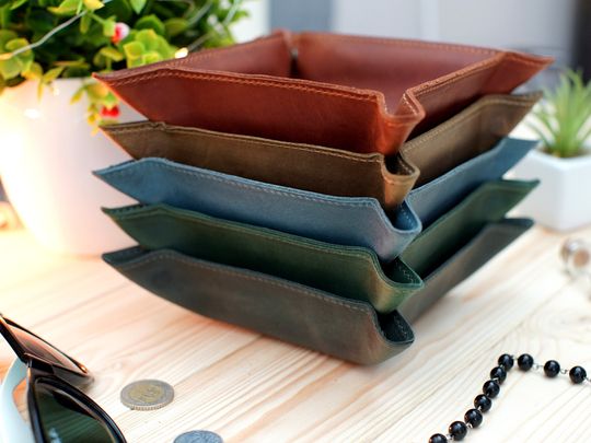 Leather Valet Tray, Personalized Leather Catchall, Custom Leather Organizer