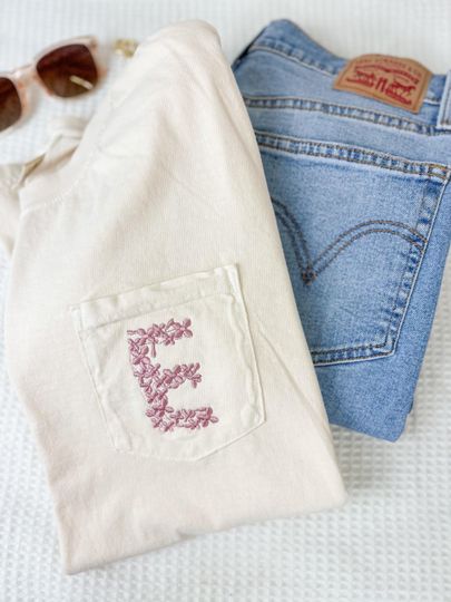 Embroidered Floral Initial Pocket T-Shirt - Flower Monogram Letter - Bridal Party Shirt - Girly Bow Tee