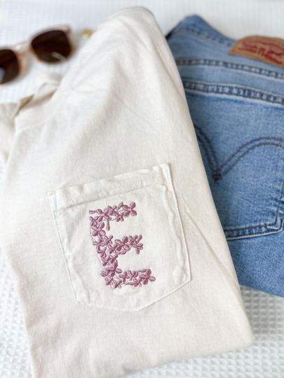 Embroidered Floral Initial Pocket T-Shirt - Flower Monogram Letter - Bridal Party Shirt - Girly Bow Tee