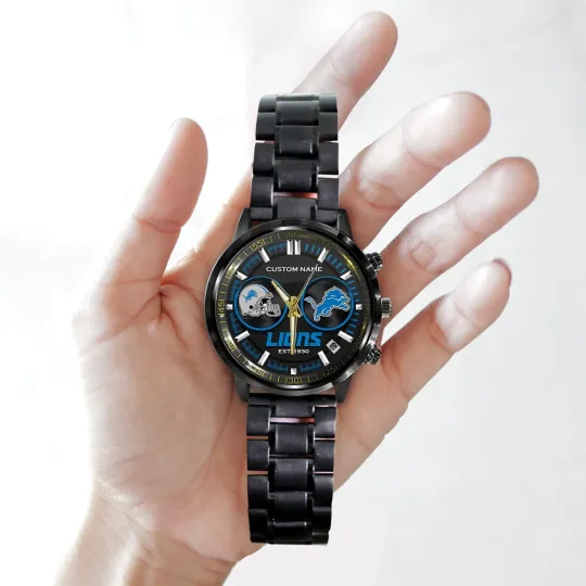 Personalized Detroit Football Team Lionss Black Stainless Steel Watch For Men