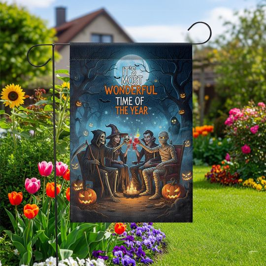 Halloween Campfire Garden Flag, Grim Reaper Vampire Witch Mummy, Spooky Fall Yard Decor