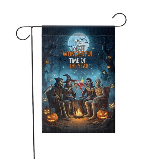 Halloween Campfire Garden Flag, Grim Reaper Vampire Witch Mummy, Spooky Fall Yard Decor