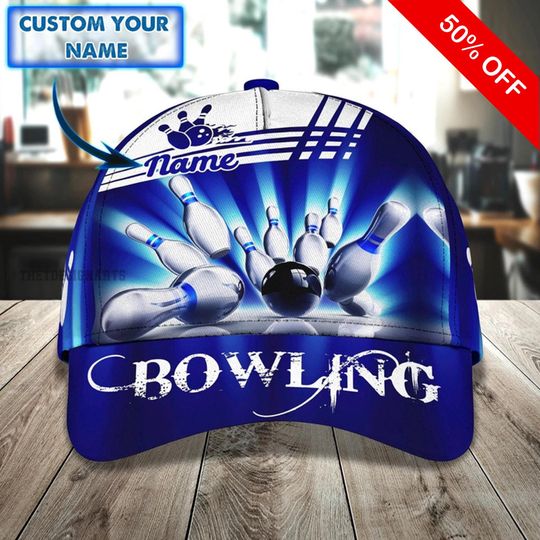 Personalized Blue Bowling Baseball Caps, Custom Name Bowling Classic Cap, Bowling Lovers