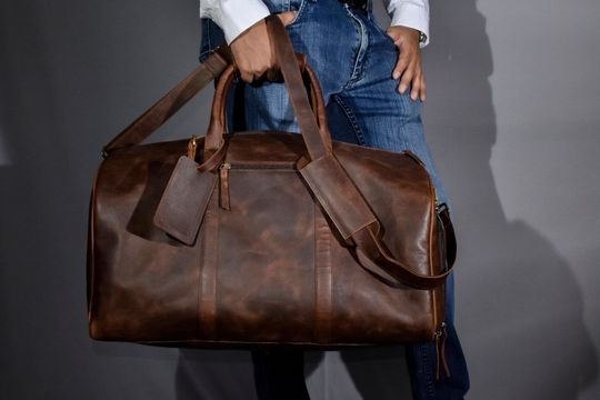 Personalized Full Grain Leather Duffle - Weekender Bag & Gift for Him