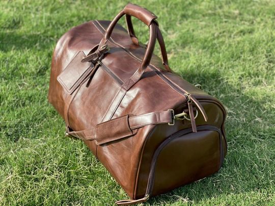 Personalized Full Grain Leather Duffle - Weekender Bag & Gift for Him
