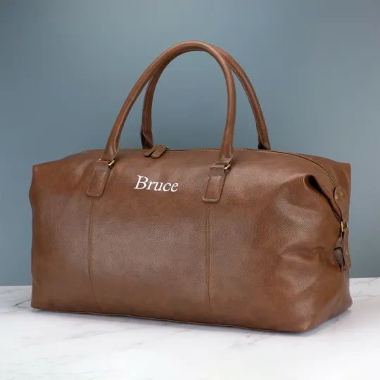 Personalised Mens Leather Holdall - Black or Brown Weekend Bag