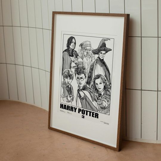 Harry Potter Hand-Drawn Characters Digital Art, Hogwarts Wall Decor Poster