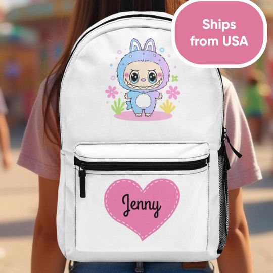 Personalized Preppy Labubu Backpack - White Back to School Bag for Girls