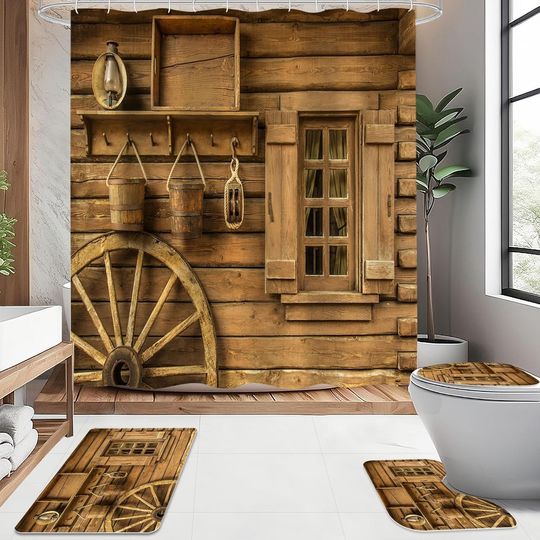 4 Pcs Rustic Wooden Farmhouse Shower Curtain Set