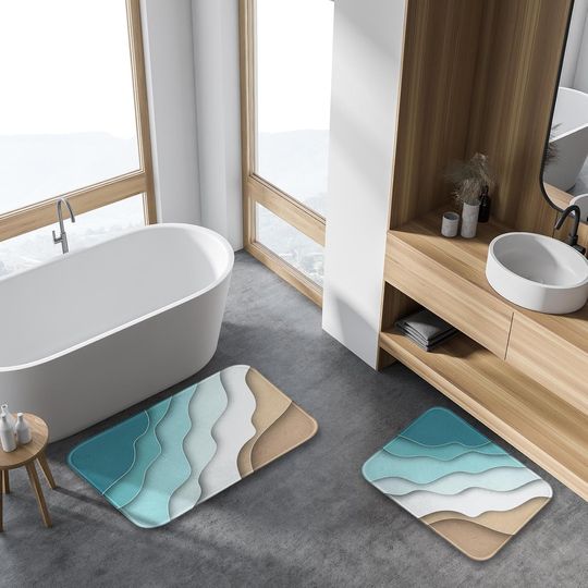 ArtSocket 3 Pcs Shower Curtain Set with Rugs, Abstract Summer Beach Bathroom Set