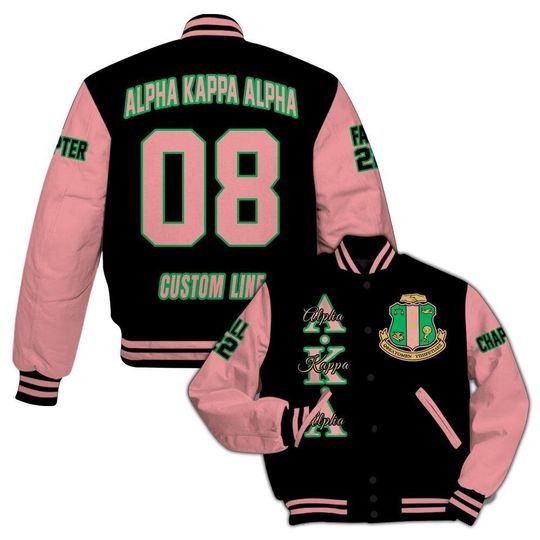 Alpha Kappa Alpha Custom Chapter Varsity Jacket, Personalized Black Mix Salmon Pink Varsity Jacket 1908 Sorority, Custom Chapter Apparel