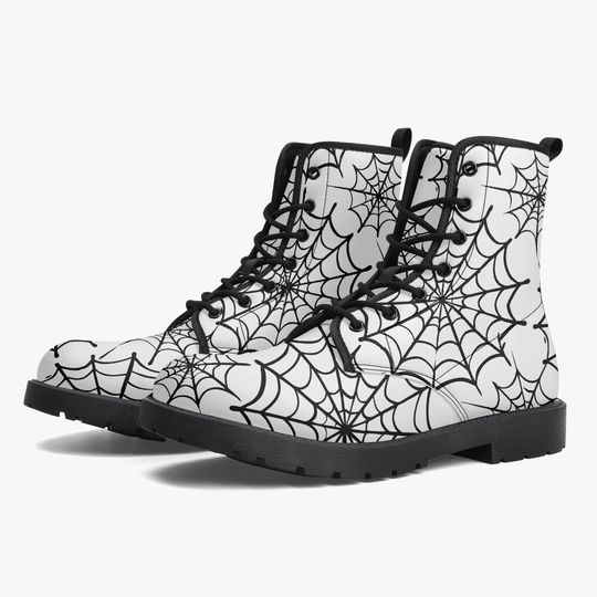 Web Weaver Gothic Combat Boots – Black Spiderweb Vegan Leather